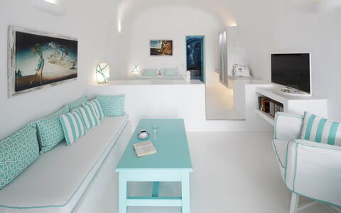 Neli Suite: Blå, Lejlighed, Hav, Stue, Naturmateriale, Design, Hotel, Udvej, Badeby