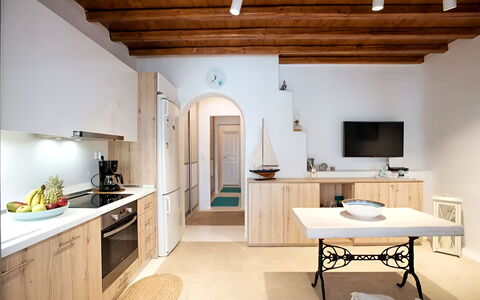 Mikonos Pool House 6: Møbel, Indretning, Gulvbelægning, Væg, Træ, Etage, Loft, Countertop, Køkken, Værelse