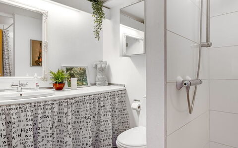 Ake - 10M to the Fjord: Badeværelse, Sanitærarmatur, Væg, Indretning, Gulvbelægning, Etage, Håndvask, Badeværelsesvask, Toilet, Vvs