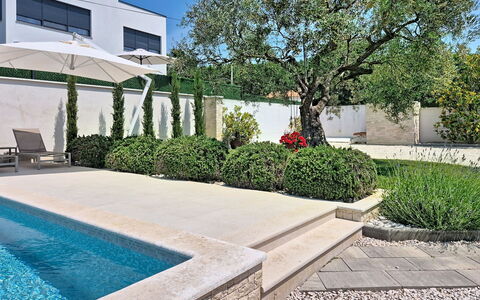 Villa Roza: Have, Busk, Landscaping, Bunddække, Flise, Skygge, Svømmepøl, Gård, Gårdsplads
