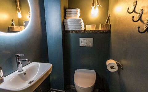 Lapland Hygge a: Badeværelse, Væg, Sanitærarmatur, Badeværelsesvask, Gulvbelægning, Etage, Indretning, Toiletbræt, Toilet, Vvs