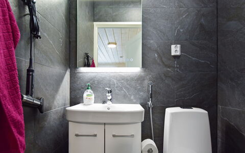 Villa Ruuska: Badeværelse, Sanitærarmatur, Væg, Indretning, Gulvbelægning, Håndvask, Badeværelsesvask, Etage, Toilet, Toiletbræt