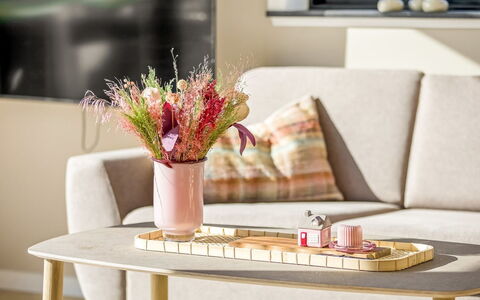 Sighrik - 25M from the Sea: Møbel, Indretning, Bord, Lyserød, Stue, Blomsterkrukke, Kaffebord, Stueplante, Couch
