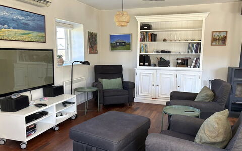 Anelle - 1.2Km to the Fjord: Møbel, Indretning, Couch, Television, Gulvbelægning, Elektronisk Apparat, Stue, Etage, Træ, Reoler