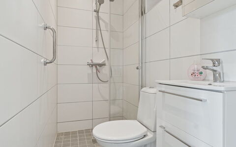 Elso - 5Km from the Sea: Badeværelse, Sanitærarmatur, Gulvbelægning, Toiletbræt, Toilet, Etage, Indretning, Håndvask, Vvs, Badeværelsesvask