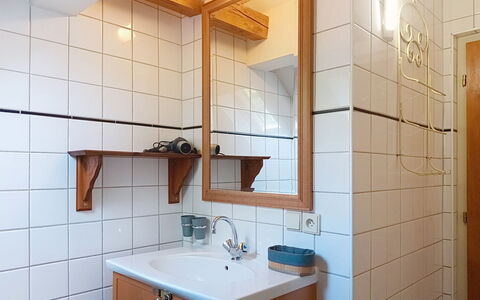 Jizera Cottage: Badeværelsesvask, Væg, Sanitærarmatur, Håndvask, Indretning, Gulvbelægning, Træ, Tap, Etage, Badeværelse