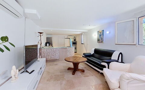 Bas de Villa Anémones: Møbel, Gulvbelægning, Indretning, Etage, Couch, Loft, Stue, Belysning, Værelse, Bord