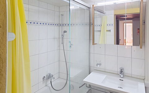 Ferienwohnung Enzian: Badeværelse, Sanitærarmatur, Indretning, Gulvbelægning, Badeværelsesvask, Etage, Håndvask, Tap, Vvs, Bruser