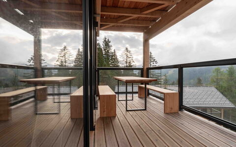 03 Nth032 Deluxe Chalet mit Sauna und Hot Tub: Træ, Trægulve, Hårdttræ, Gulvbelægning, Etage, Planke, Bejdse, Loft, Dæk, Veranda
