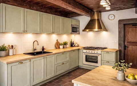 Máchova Roubenka: Køkken, Køkken Apparat, Countertop, Cabinetry, Gulvbelægning, Træ, Større Bandage, Indretning, Møbel, Komfur