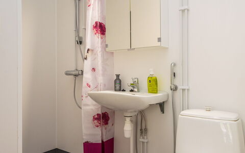 Heinävesi Homes D8: Badeværelse, Sanitærarmatur, Badeværelsesvask, Indretning, Gulvbelægning, Håndvask, Etage, Tap, Toilet, Vvs