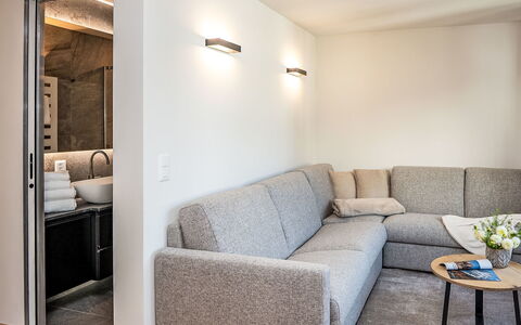 Chesa Zentrum 10B: Indretning, Møbel, Væg, Gulvbelægning, Couch, Træ, Etage, Stue, Værelse, Loft