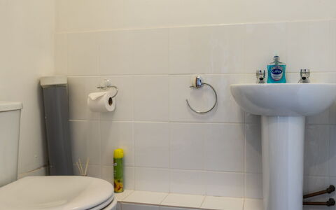 The Hayloft: Badeværelse, Sanitærarmatur, Badeværelsesvask, Gulvbelægning, Håndvask, Etage, Tap, Vvs, Indretning, Toiletbræt