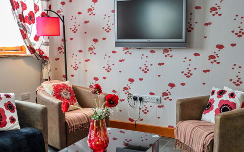 Poppy Cottage, Great Houndbeare Farm: Møbel, Indretning, Væg, Rød, Textile, Stue, Lyserød, Hjem, Couch, Belysning
