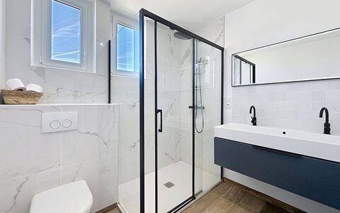 Le Terrier Préfaillais, Jacuzzi: Gulvbelægning, Badeværelse, Sanitærarmatur, Etage, Indretning, Vvs, Tap, Flise, Spejl, Loft