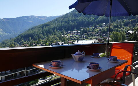 Nendaz 100: Himmel, Ejendom, Møbel, Bord, Paraply, Bordservice, Bjerg, Skygge, Udendørs Møbler, Træ