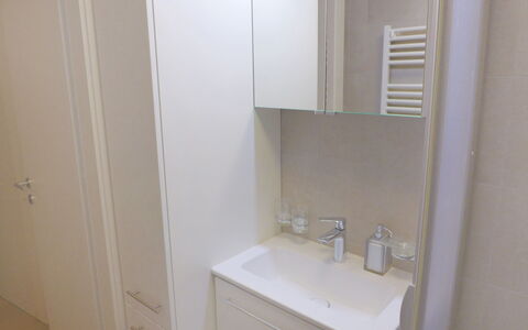 Crans-Montana 450: Håndvask, Tap, Badeværelsesvask, Spejl, Badeværelse, Sanitærarmatur, Cabinetry, Badeværelsesskab, Træ, Bygning