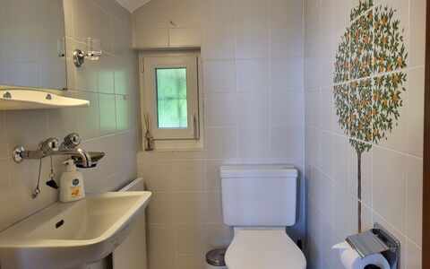 Stellina del Sole: Badeværelse, Toiletbræt, Toilet, Badeværelsesvask, Sanitærarmatur, Væg, Håndvask, Indretning, Gulvbelægning, Tap