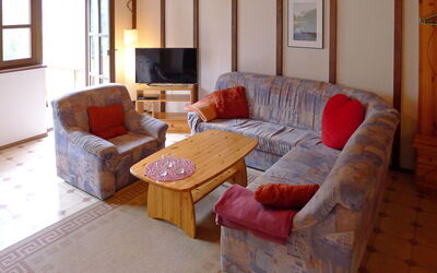 Fricktalerhuus Apt.1 100.5: Bord, Couch, Møbel, Komfort, Bygning, Træ, Stue, Billedramme, Vindue, Indretning