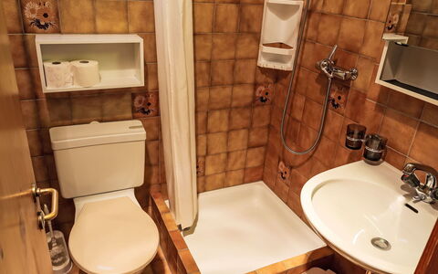 Flims 420: Toiletbræt, Badeværelse, Badeværelsesvask, Sanitærarmatur, Toilet, Håndvask, Gulvbelægning, Etage, Tap, Indretning