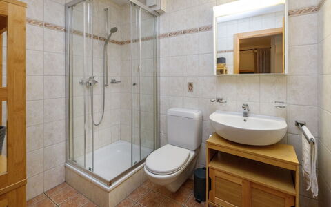 Le Cornalin 2: Badeværelse, Badeværelsesvask, Sanitærarmatur, Gulvbelægning, Håndvask, Etage, Indretning, Toilet, Toiletbræt, Tap