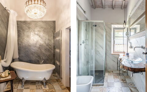 Villa Castiglione: Badeværelse, Væg, Sanitærarmatur, Indretning, Gulvbelægning, Etage, Vvs, Belysning, Hjem, Tap