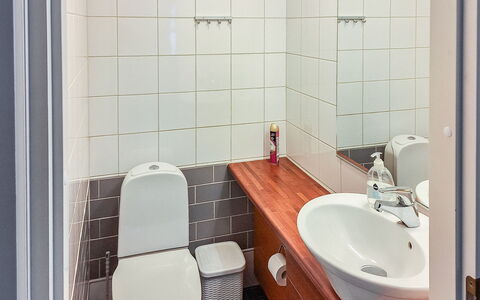 Tahko Ski Koivulantie: Toiletbræt, Badeværelse, Badeværelsesvask, Toilet, Sanitærarmatur, Håndvask, Væg, Gulvbelægning, Etage, Indretning