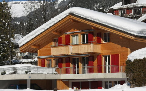 Chalet Almisgässli: Sne, Bygning, Vindue, Himmel, Træ, Bjerg, Hus, Træ, Hældning, Sommerhus